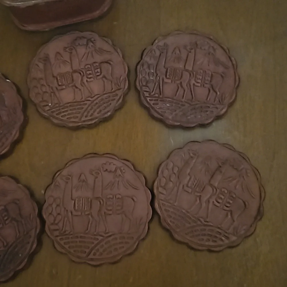 VTG Set of Six Peruvian Camel Hand Tooled Leather Scallop Coaster Set